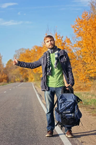 Young bearded hipster hitchhiker with backpack try to catch car on autumn road. Adventure travel in fall. Vertical.