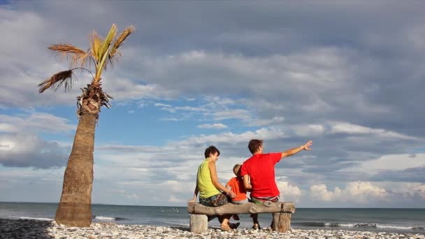 어머니 아버지와 자녀는 벤치에 외로운 야자수 해변에서 바다에 — 비디오