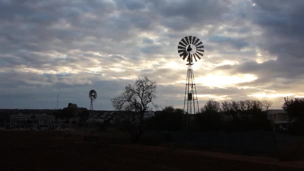 日落时的两个旧风车 一个在工作 塞浦路斯乡村 普罗塔拉斯 — 图库视频影像