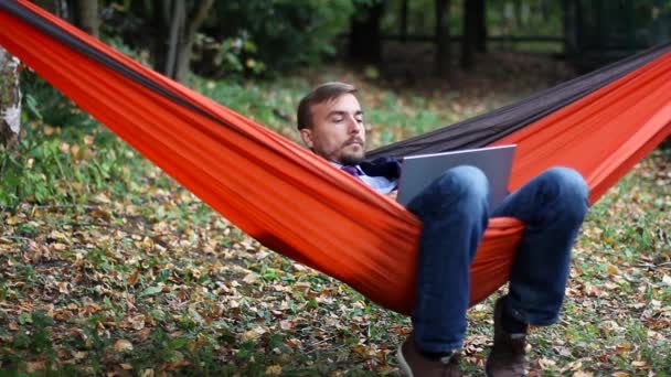 Zakenman Werken Met Laptop Zittend Een Hangmat Buiten Freelance Telewerken — Stockvideo