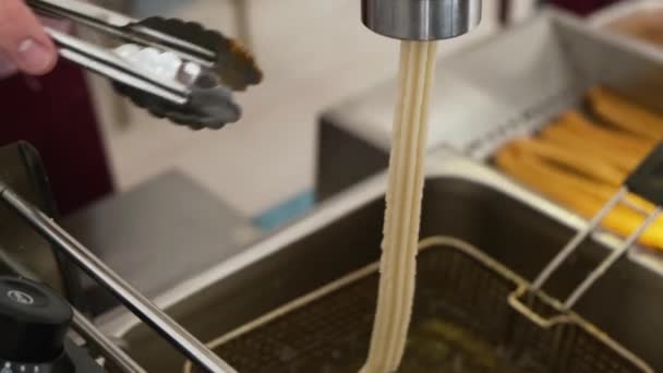 Worker Frying Churros Deep Oil Churreria Traditional Spanish Latin American — Stock Video