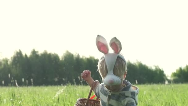 Очаровательный Летний Милый Мальчик Кроличьей Маске Ищет Находит Пасхальные Яйца — стоковое видео