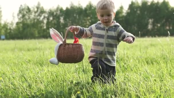 可爱的小孩与柳条篮子寻找复活节彩蛋在草坪在自然或公园 复活节彩蛋狩猎慢动作 — 图库视频影像