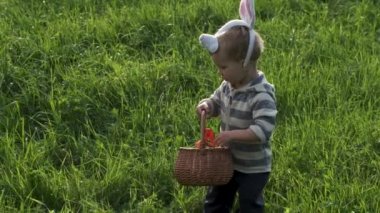 Bahçe veya parkta sepeti ile paskalya yumurtası avı tavşan kulakları ile sevimli yürümeye başlayan çocuk. Paskalya kutlaması. Yavaş çekim.