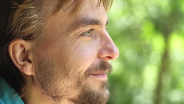 Bulanık Doğa Arka Plan Üzerinde Yeşil Gözlü Yakışıklı Gülümseyen Sakallı — Stok video