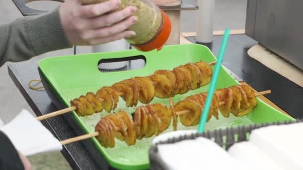 买家在炸脆的螺旋土豆上撒香料在棍子上 街头食品商卖龙卷风薯片 不健康的快餐 — 图库视频影像