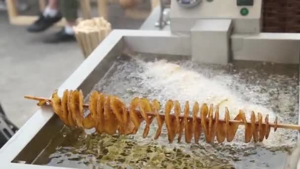 Slow Motion Croustillant Torsion Spirale Pommes Terre Friture Dans Huile — Video