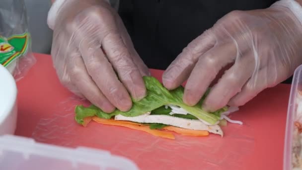 Street Food Vendor Prepare Spring Roll Rice Paper Wrapper Banh — Stock Video