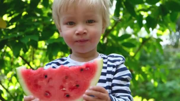 Schattig Klein Kind Eet Groot Stukje Watermeloen Likt Sap Uit — Stockvideo