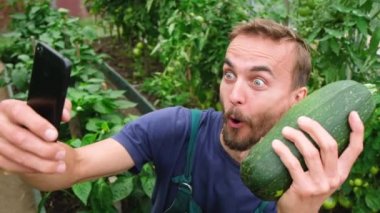 Komik erkek çiftçi serasında taze hasat sebze ile akıllı telefonda selfie yapma.