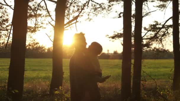 父は幼児の息子を腕に抱き 男の子は抱き合い 森の端の夕日に対して父親にキスをします 父の日 幸せな親子関係 感動的な家族の瞬間 — ストック動画