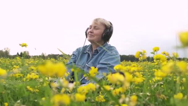 행복한 편안한 성숙한 여성은 헤드폰을 착용하고 바람이 곤충이 날아다니는 들판에서 — 비디오