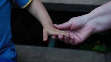 Genç ve yaşlı çocuğun el ele tutuşması. Büyükanne ve torun birlikte. Nesiller boyu aile bakımı ve destek kavramı.