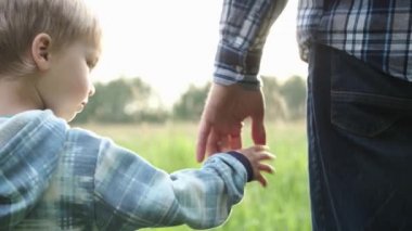 Baba ve küçük oğlu el ele tutuşup kameradan uzaklaşıyorlar gün batımında yaz sahasında yürüyorlar. Mutlu aile anları.