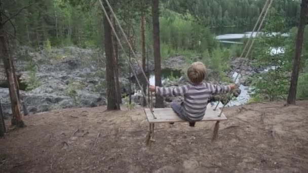 Widok Tyłu Słodkie Dziecko Huśtawka Duży Drewniany Huśtawka Malowniczym Widokiem — Wideo stockowe