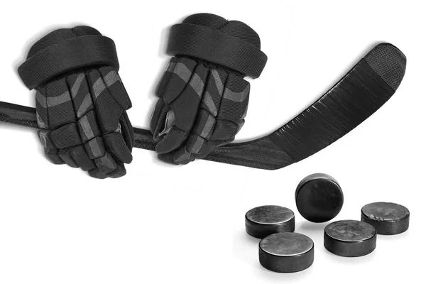 Guantes Hockey Putter Arandelas Sobre Fondo Blanco Concepto Hockey —  Fotos de Stock