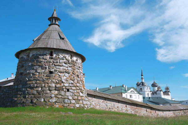 Ancient Russian monastery with a complex of church buildings. Architecture, Exterior