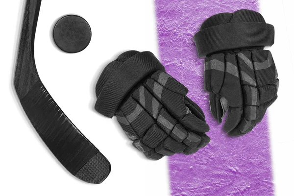 Purple Stripe Handskar Hockeyklubba Och Hockey Puck Koncept Hockey Bakgrund — Stockfoto