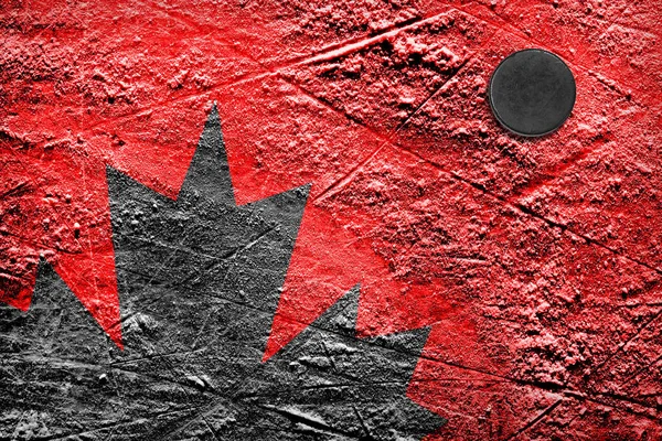 Krążek hokejowy i obraz z liści klonu na czerwonym lodzie — Zdjęcie stockowe
