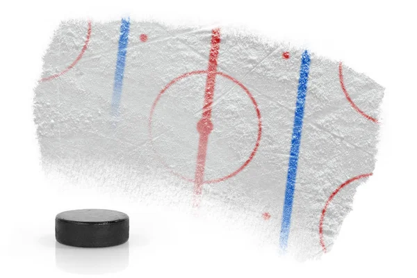 Hockey puck and fragment of the hockey arena with markings — Stock Photo, Image