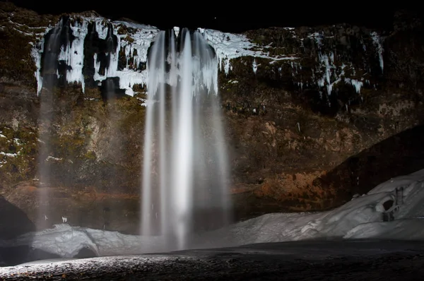 Nachtansicht Wasserfall Seljalandsfoss — Stockfoto