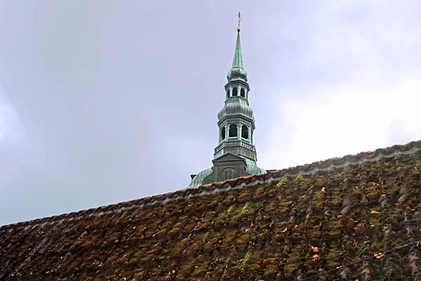 Nézet Harangláb Szent Miklós Templom Amd Mohás Tető Tallinn Észtország — Stock Fotó