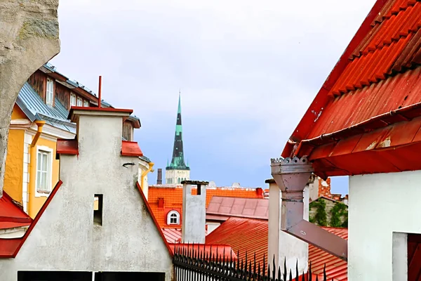 Vista Torre Sineira Igreja São Nicolau Telhados Luminosos Tallinn Estónia — Fotografia de Stock