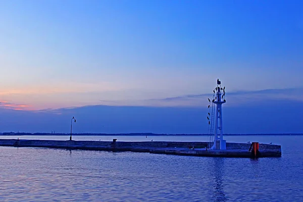 Kleiner Leuchtturm Mit Vögeln Abend Odessa Ukraine Blaue Stunden — Stockfoto