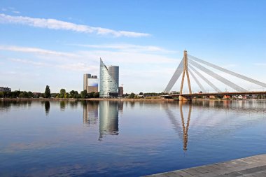 Manzarası görünümü sol banka, Kipsala Adası ve Vansu Köprüsü, Riga, Letonya