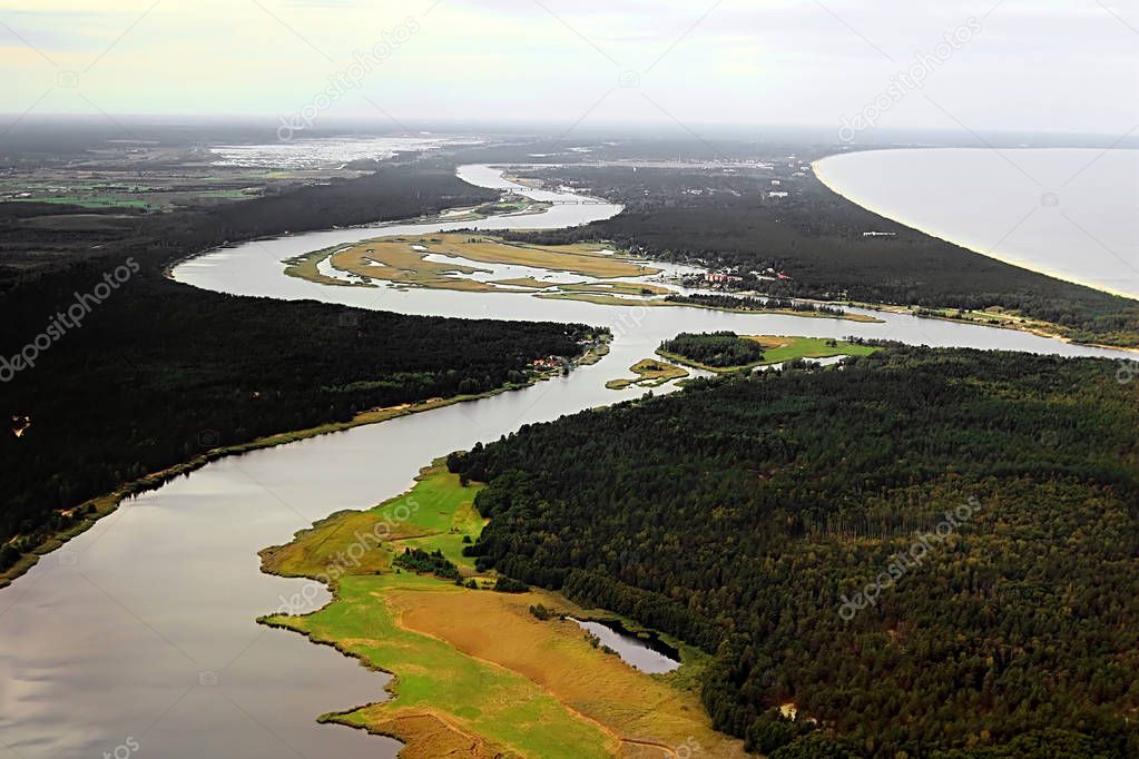 The Daugava river flows into the Gulf of Riga, Baltic sea, near Riga, Latvia