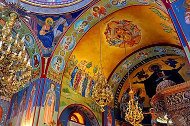 Kfar Cana, İsrail - 21 Eylül 2017: İç, Yunan Ortodoks Kilisesi St George, Kfar Cana (Kafr Kanna), İsrail