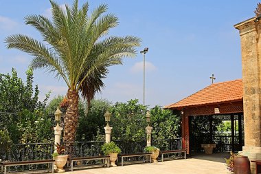 Palmiye ve arbor Cana Celile, Kfar Kana, İsrail Cana Yunan Ortodoks düğün kilisede avluda
