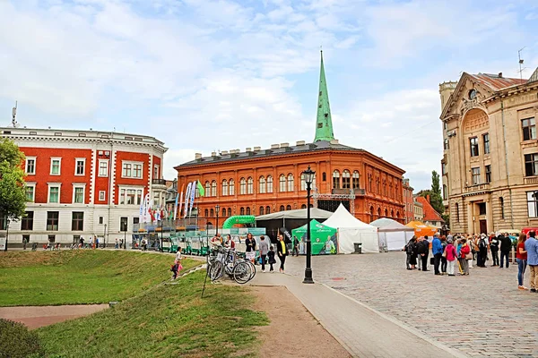 Riga Lettland Augusti 2018 Konstmuseum Riga Stock Exchange Och Spiran — Stockfoto