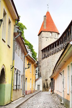 Muurivahe Caddesi ve kule arkasında rahipler de Old town, Tallinn, Estonya