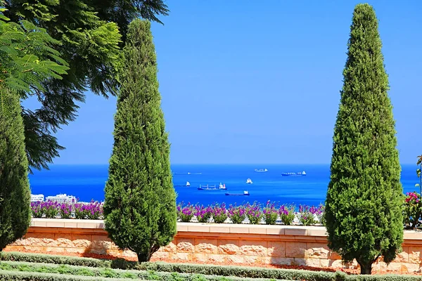 Prachtige cipressen en bloemen in de Bahai tuinen met uitzicht op de Middellandse Zee, Haifa, Israël — Stockfoto