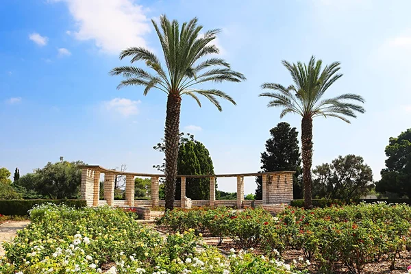 Jardin de roses, palmiers et horloge solaire, Parc Ramat Hanadiv, Israël. Le parc est une voûte familiale du baron Edmond de Rothschild (1845-1934) et de la baronne Adélaïde de Rothschild (1853-1935). ) — Photo