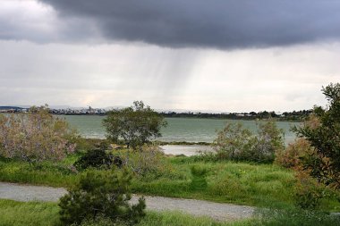 Larnaka, Kıbrıs'ta tuz gölü ve yağmur manzarası