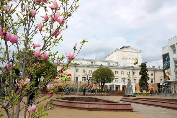 Vinnytsia, Ukrayna - 29 Nisan 2019: Teatralna meydanında tiyatronun arka planında manolya ağacı çiçeği — Stok fotoğraf