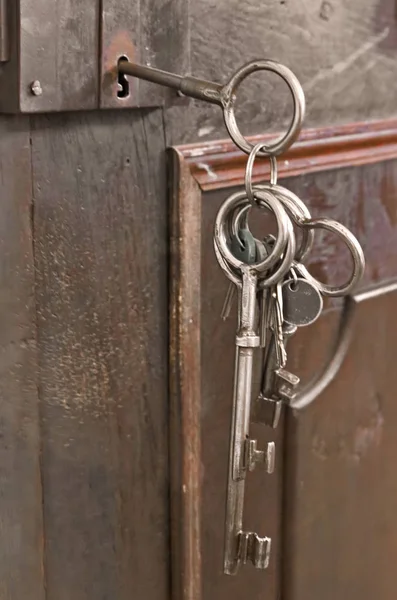 Medieval antique keys in a old door lock