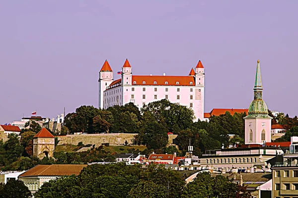 슬로바키아 브라티슬라바의 옛 도시, 브라티슬라바에 있는 성, 성 마르틴스 대성당. 브라티슬라바에서 가장 유명 한 관광 명소 두 곳. 부드러운 아침 햇살 — 스톡 사진