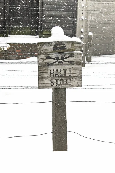 Inscription Stop German Slovak Lines Were Connected Electricity Auschwitz Camp — Stock Photo, Image