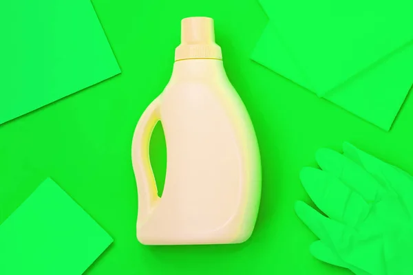 Yellow Bottle Centre Green Rags Green Gloves Green Background Cleaning — Stock Photo, Image