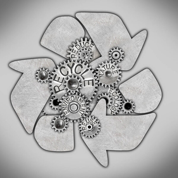 Recycle sign and tooth wheel mechanism with RECYCLE concept related words imprinted on metal surface isolated on white