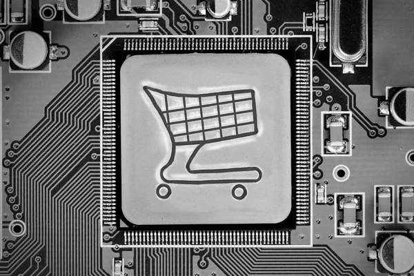Macro Photo Circuit Board Shopping Cart Chip Surface — Stock Photo, Image