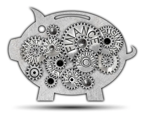 Piggy bank icon and tooth wheel mechanism with FINANCE concept related words imprinted on metal surface isolated on white