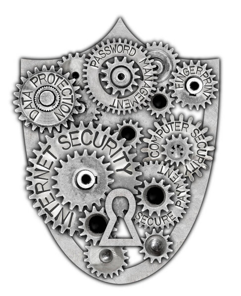 Photo of sheeld and tooth wheel mechanism with INTERNET SECURITY concept related words imprinted on metal surface isolated on white