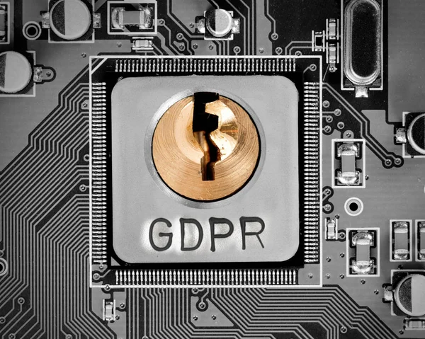 Macro Foto Circuito Stampato Chip Con Serratura Lettere Gdpr Impresse — Foto Stock