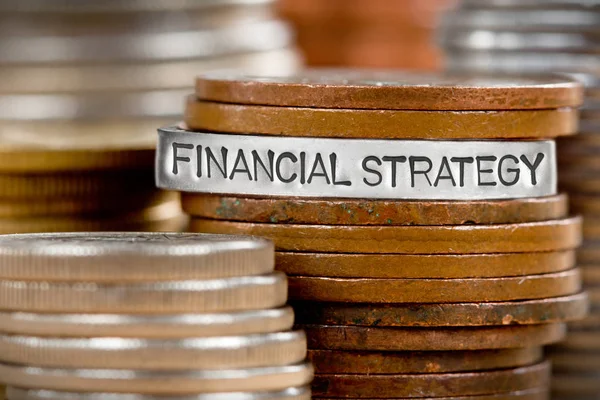 Photo Stacks Rows Coins Financial Strategy Concept Related Words Imprinted — Stock Photo, Image