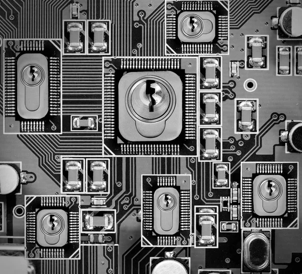 Macro Foto Circuito Stampato Chip Con Serrature Concetto Sicurezza Informatica — Foto Stock