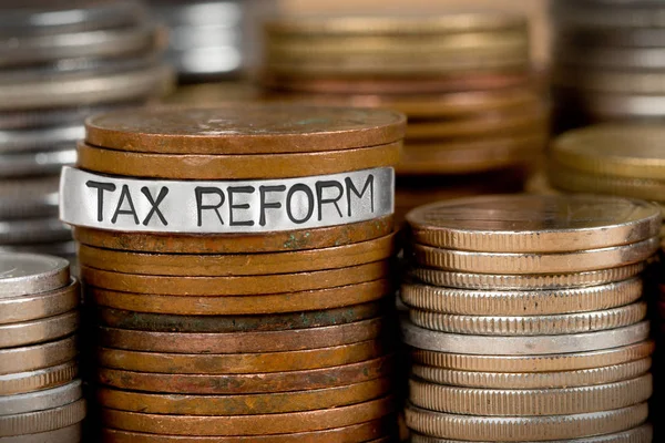 Photo Différentes Piles Rangées Pièces Avec Mot Concept Tax Reform — Photo